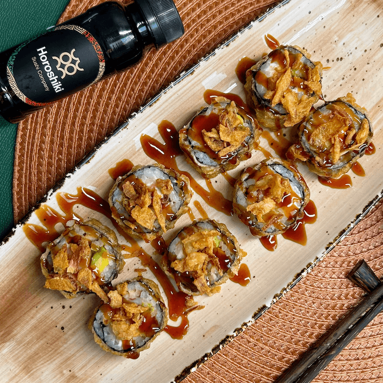 Ролл темпура с угрем и креветкой Ролл темпура с угрем и креветкой